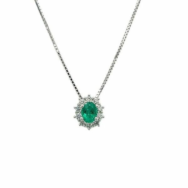 Halsschmuck 18 Karat Weissgold Smaragd 0,33ct 10 Brillanten 0,17ct