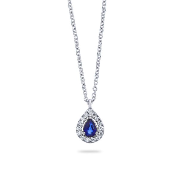 Halsschmuck 18 Karat Weissgold 15 Brillanten 0,08ct G vs Blausaphir 0,20ct