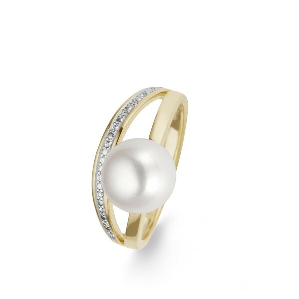 Ring 18 Karat Gelbgold 13 Brillanten 0,065ct G vs S&uuml;sswasserperle