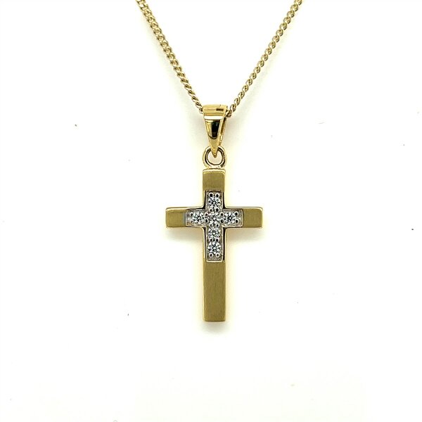 Anh&auml;nger 14 Karat Gelbgold Kreuz mit Zirkonia