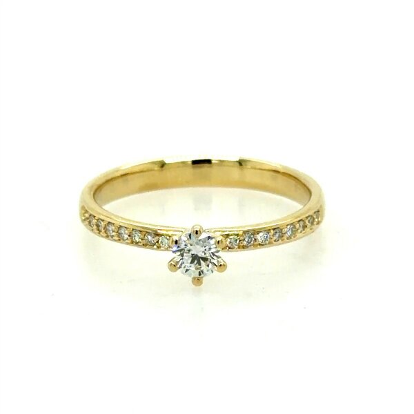 Ring 14 Karat Gelbgold Mittelstein Brillant 0,20ct G vs 16 Brillanten 0,08ct G vs